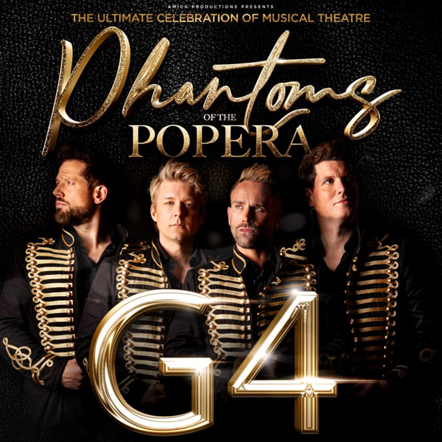 Four men in ornate black and gold jackets stand together against a dark background. The text above reads "Phantoms of the Opera" and "G4" below.