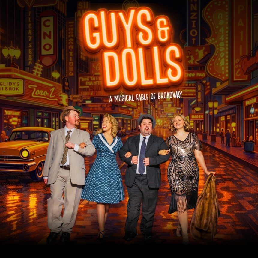 Four people walk arm-in-arm on a brightly lit Broadway street at night, dressed in vintage 1950s attire. Large "Guys & Dolls" sign above.