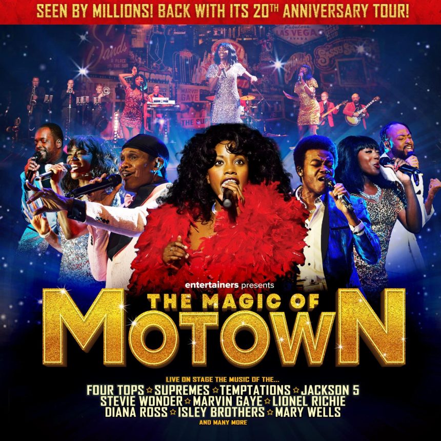 Promotional poster for "The Magic of Motown" 20th Anniversary Tour. Features vibrant performers singing energetically, adorned in sparkling costumes.