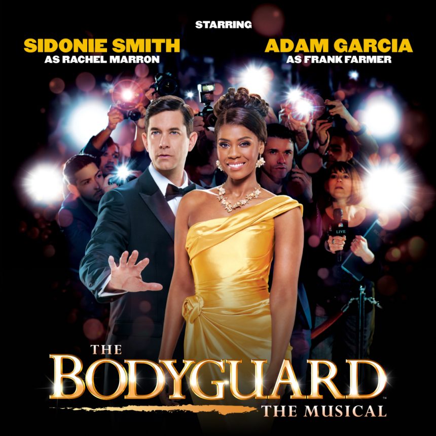 Poster for "The Bodyguard: The Musical" shows a confident woman in a gold dress and a man in a tuxedo amid paparazzi flashes, conveying glamour and drama.