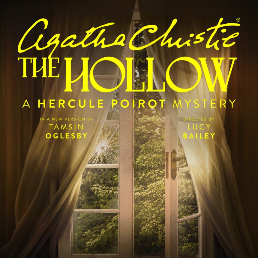 Cover of "The Hollow" by Agatha Christie. Text reads, "A Hercule Poirot Mystery." Image shows a shattered glass door with curtains, revealing greenery outside, evoking mystery.