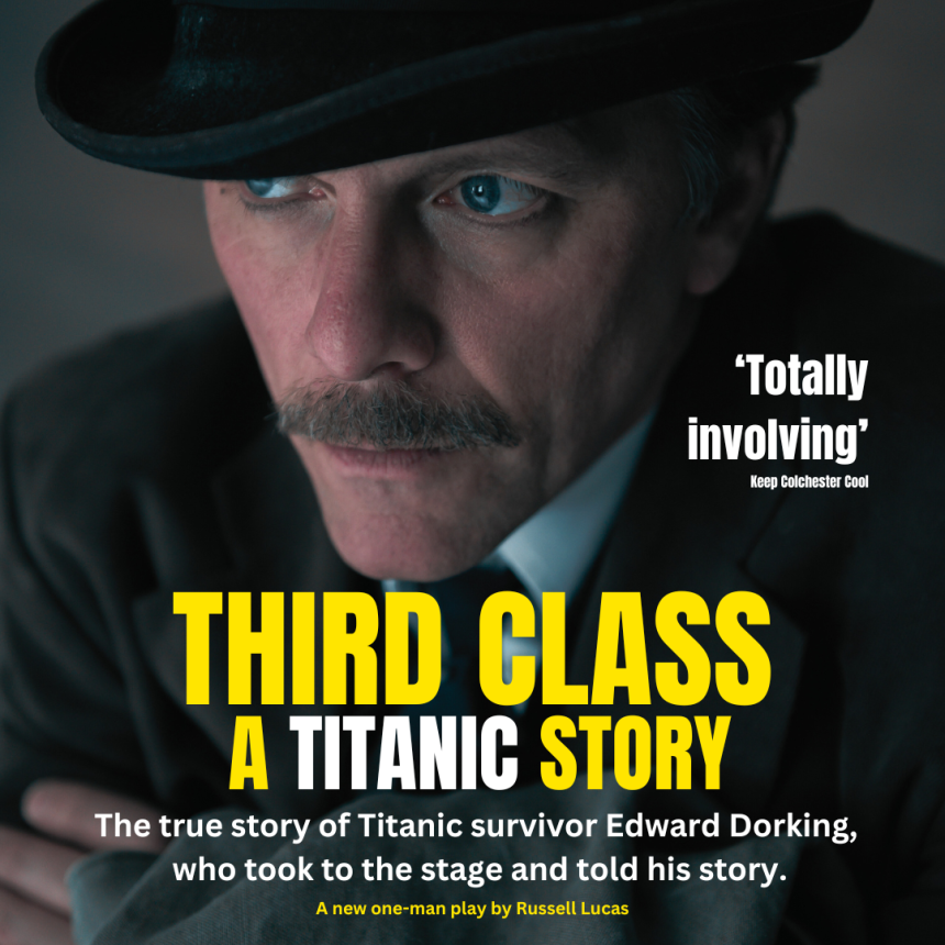 Third Class - a Titanic Story. A man with a moustache stars off into the distance, he wears a brimmed hat and hat blue eyes.
