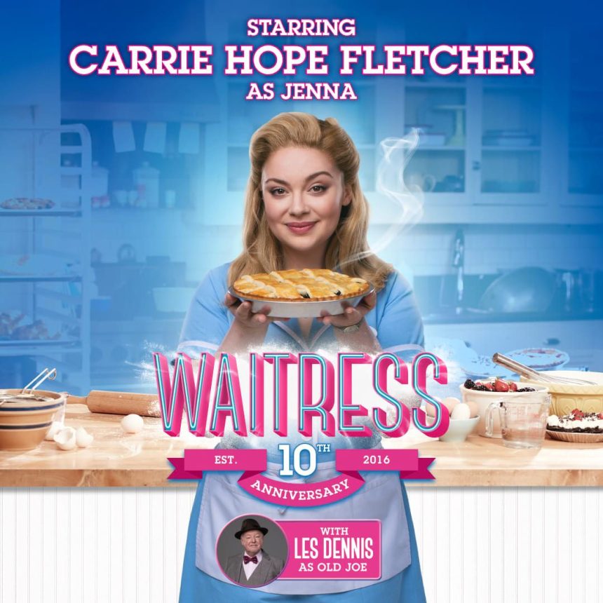 The image features a smiling woman holding a steaming pie in a kitchen. Text highlights "Waitress" musical's 10th anniversary and stars. Warm, inviting tone.